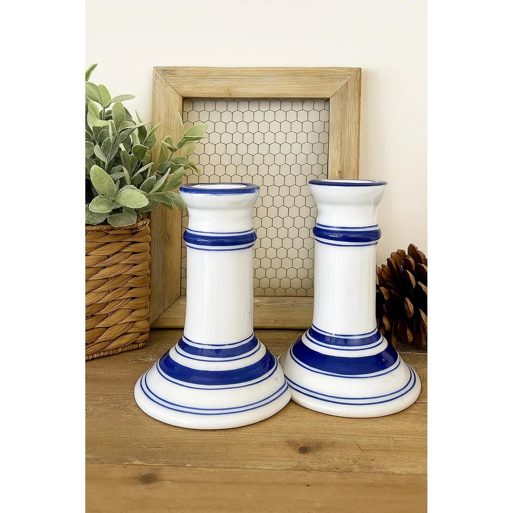 Vintage Blue White Pottery Candlesticks Pair Hand Thrown American Primitive 5.5"